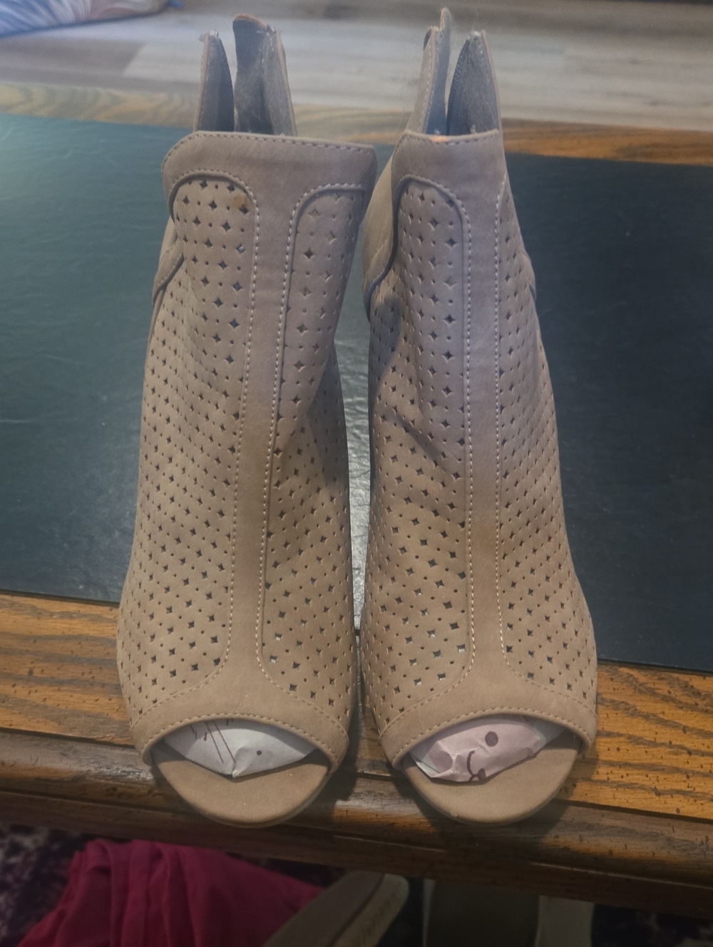 Perforated Taupe Peep-Toe Ankle Booties - Sleek Everyday Style